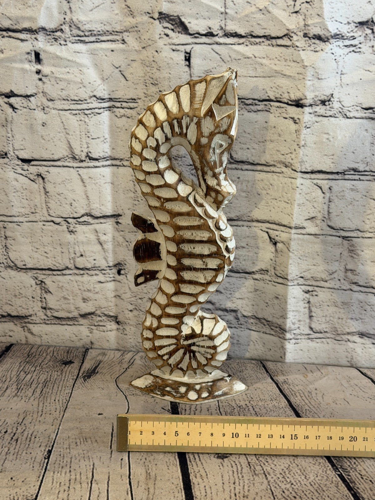30cm Brown Wooden Shabby Seahorse Statue Ornament Fair Trade Handcarved6
