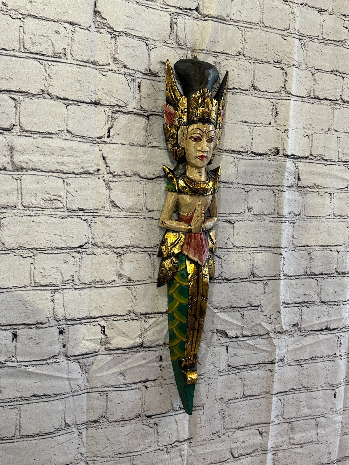 Plain Antique Colour Sita Dewi Bali Rice Goddess Wings Mermaid Wood 60cm Pair3