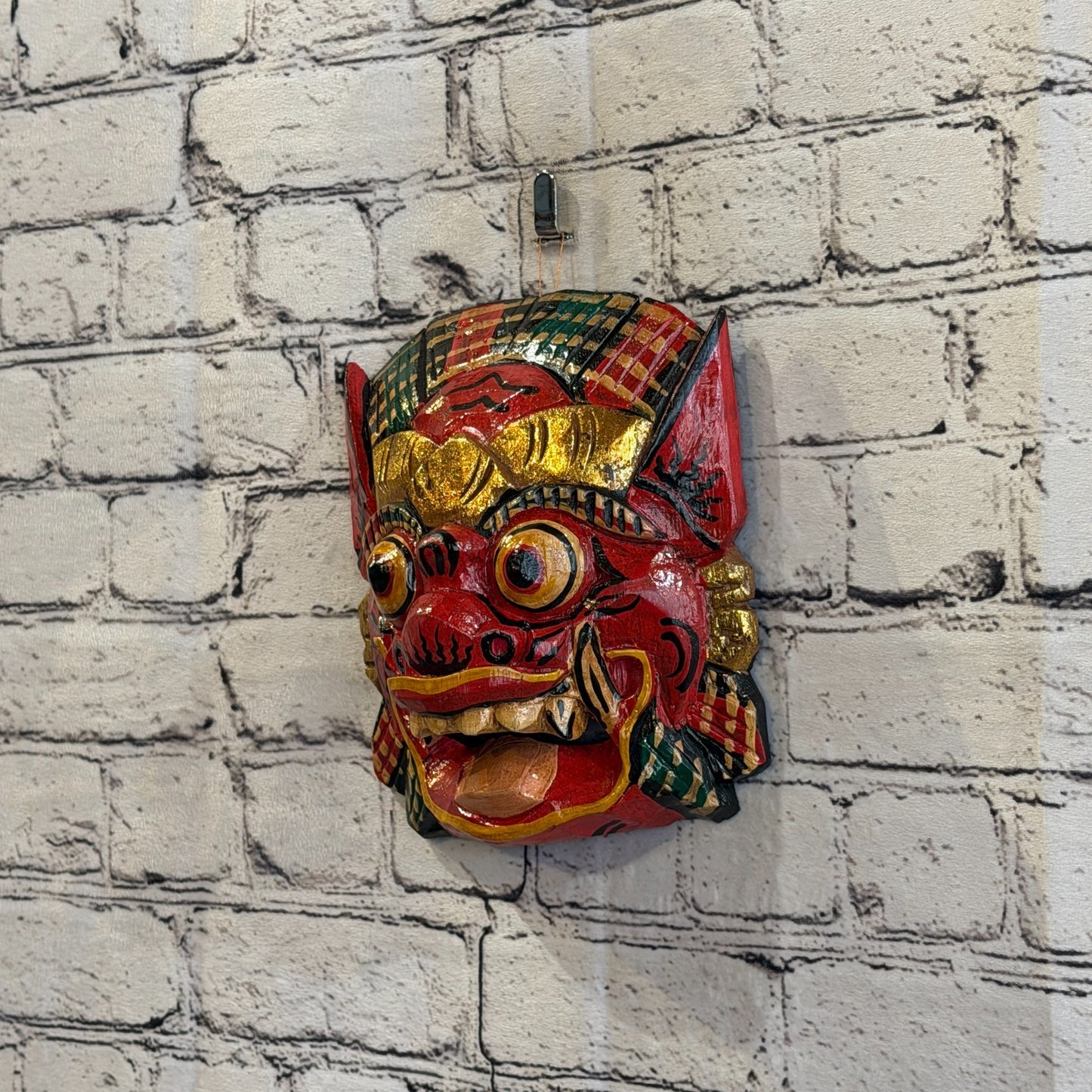 Large Wooden Red Barong Wall Mask 20cm x 20cm Handmade And Fairtrade Hindu1