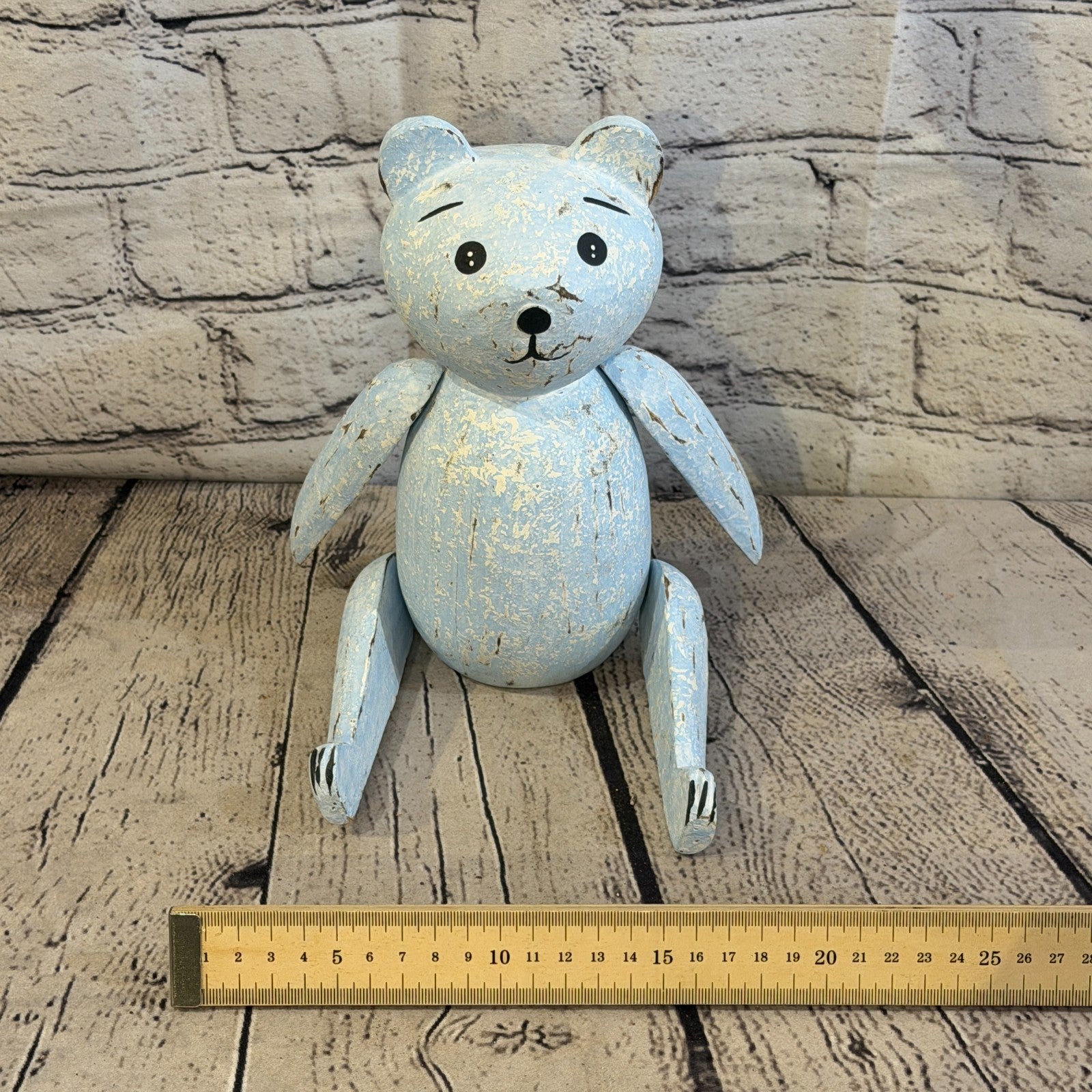 20cm Blue Teddy Bear Sitting Animal, Wooden Shelf Ornament Handmade & Fairtrade6