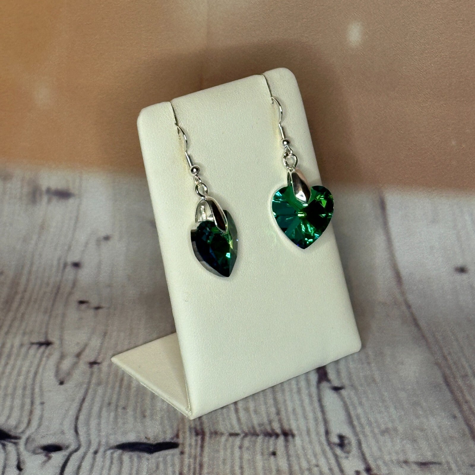 Green Crystal Heart Shaped Dangle Drop Earrings Handmade UK Jewellery2