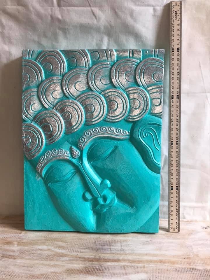 Wooden Wood Panel 40cm Teal Buddha Tall Lotus Wall Art Plaque Handcarved3
