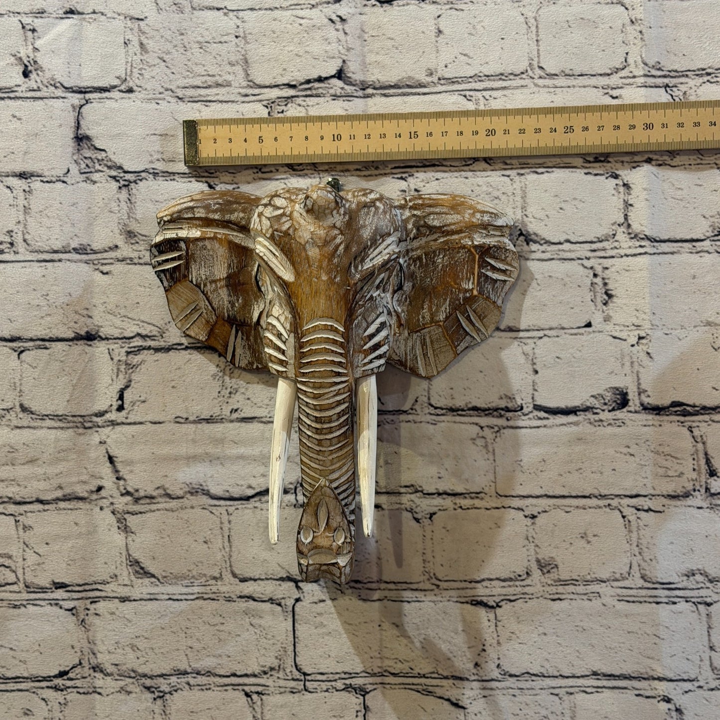 25cm x 25cm Plain Brown Painted Wood Elephant Head Wall Mounted Art Shabby4