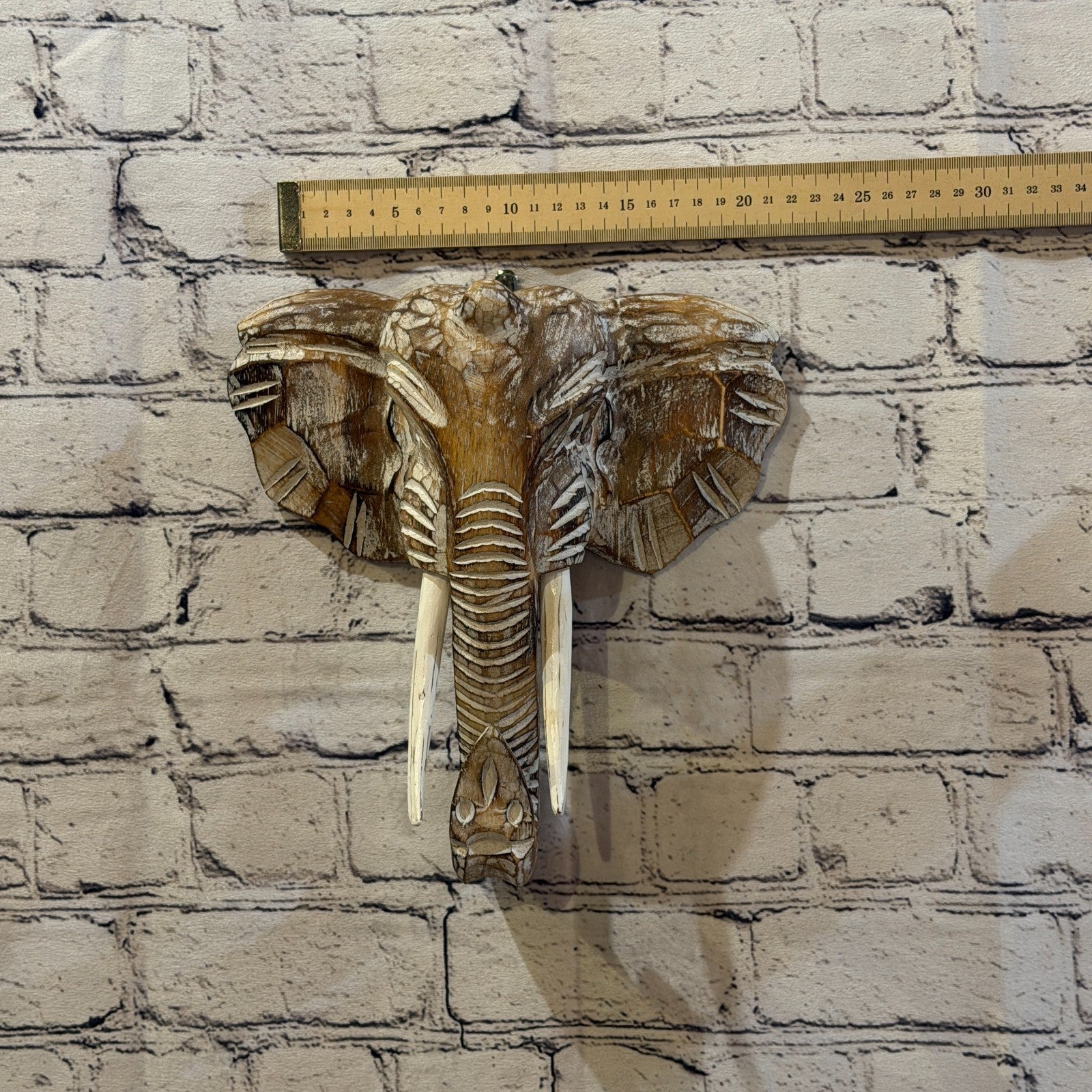 25cm x 25cm Plain Brown Painted Wood Elephant Head Wall Mounted Art Shabby4