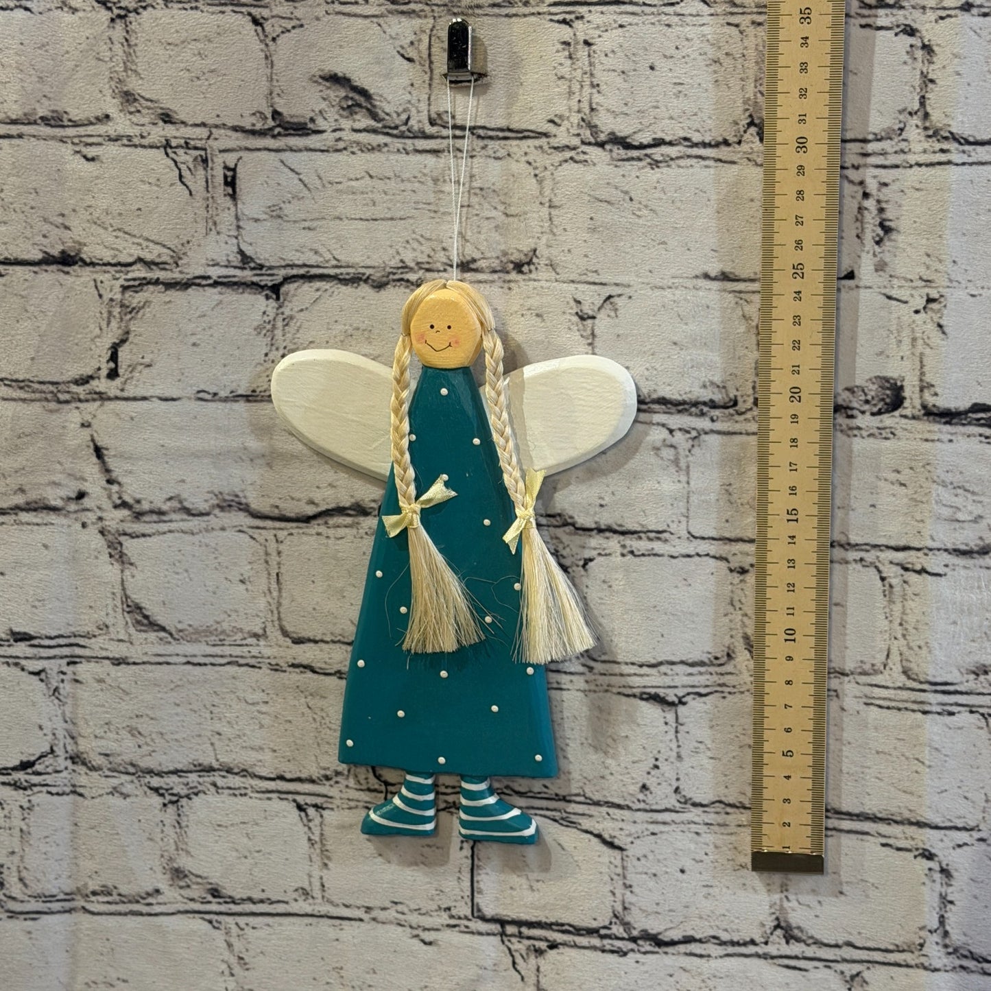 25cm Teal Wall Hanging Angel Figurine Folk Art Wood Fabric Baltic Handmade6
