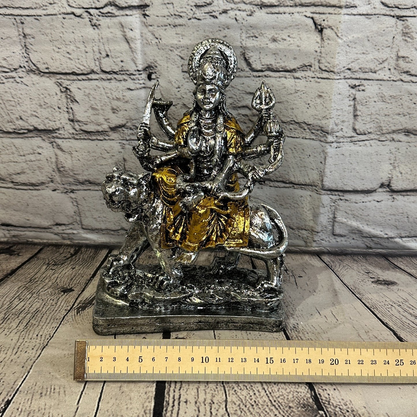 Silver And Gold 25cm x 15cm Large Durga Sitting Lotus Statue Resin Hindu God7