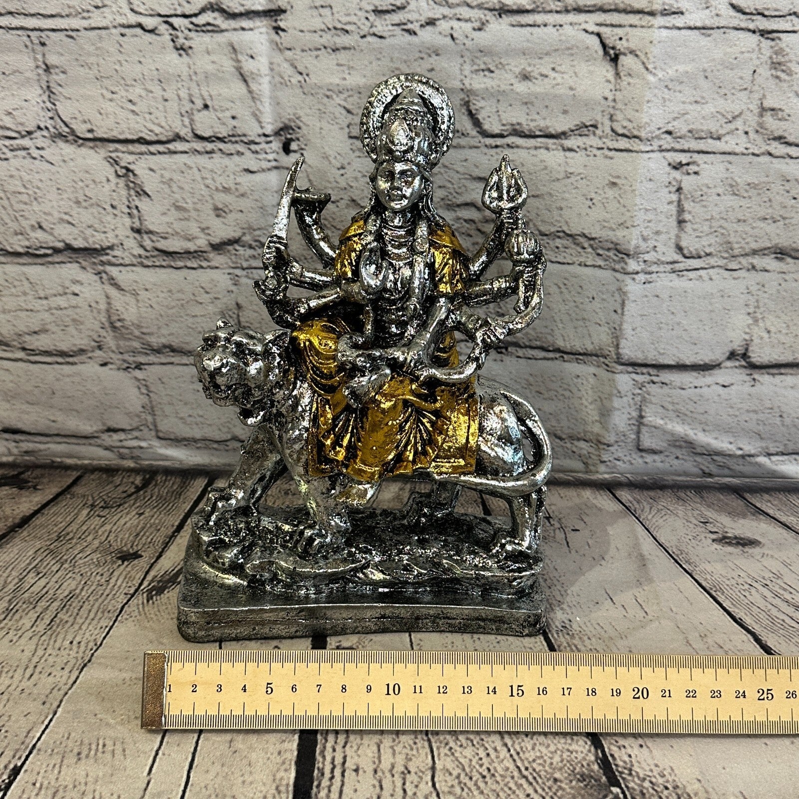 Silver And Gold 25cm x 15cm Large Durga Sitting Lotus Statue Resin Hindu God7