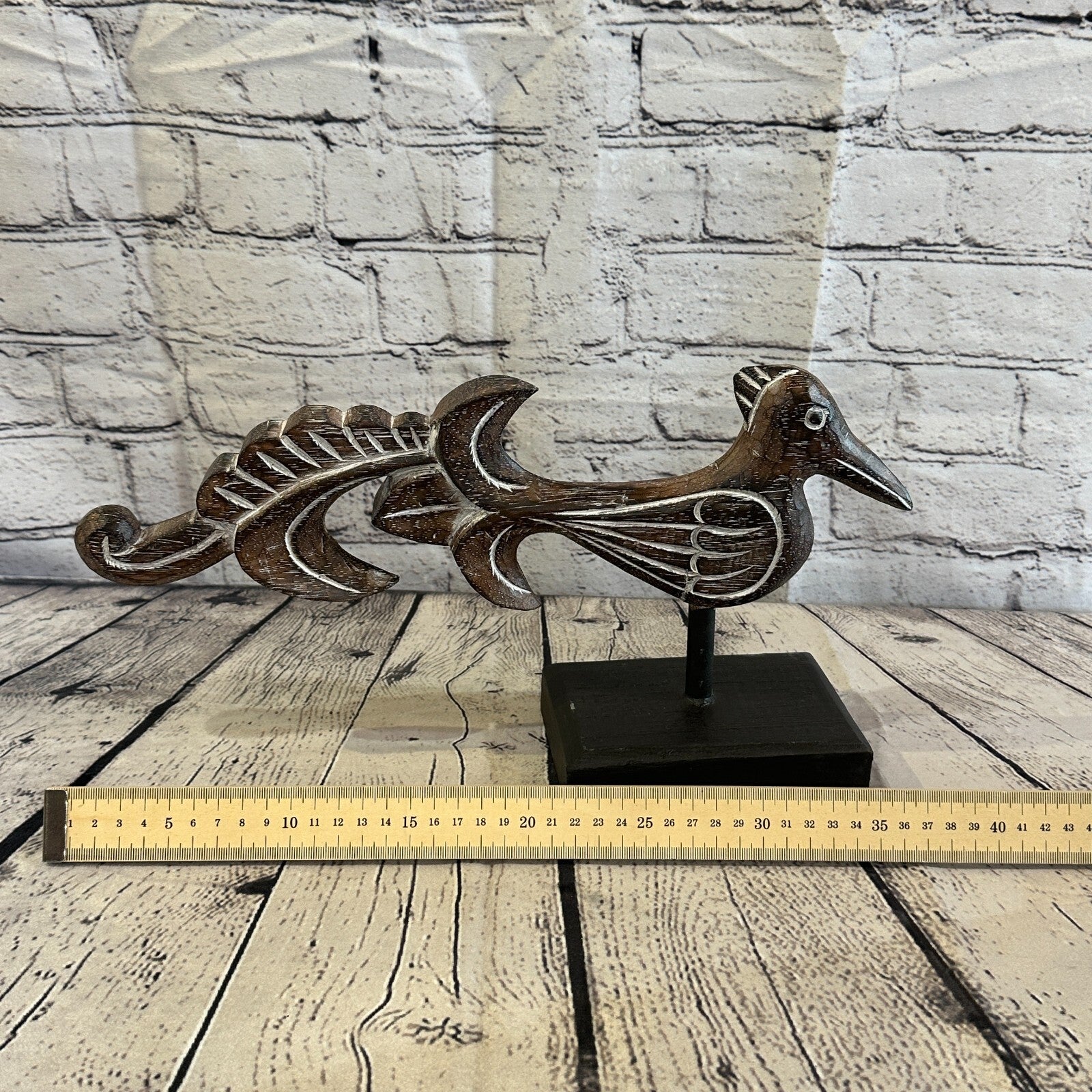 40cm x 20cm Wooden Tribal Primitive Black Phoenix Bird Stand Sculpture Statue6