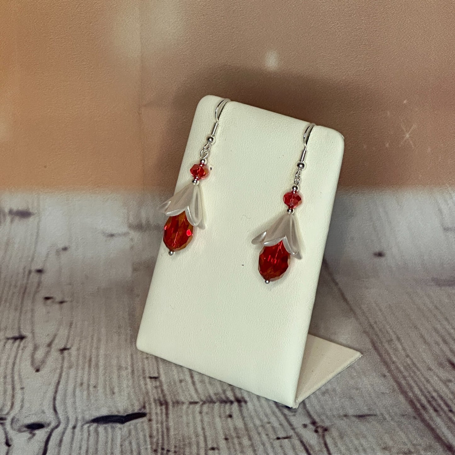Red Drop Crystal Lily Flower With Dangle Drop Earrings Handmade UK Jewellery1