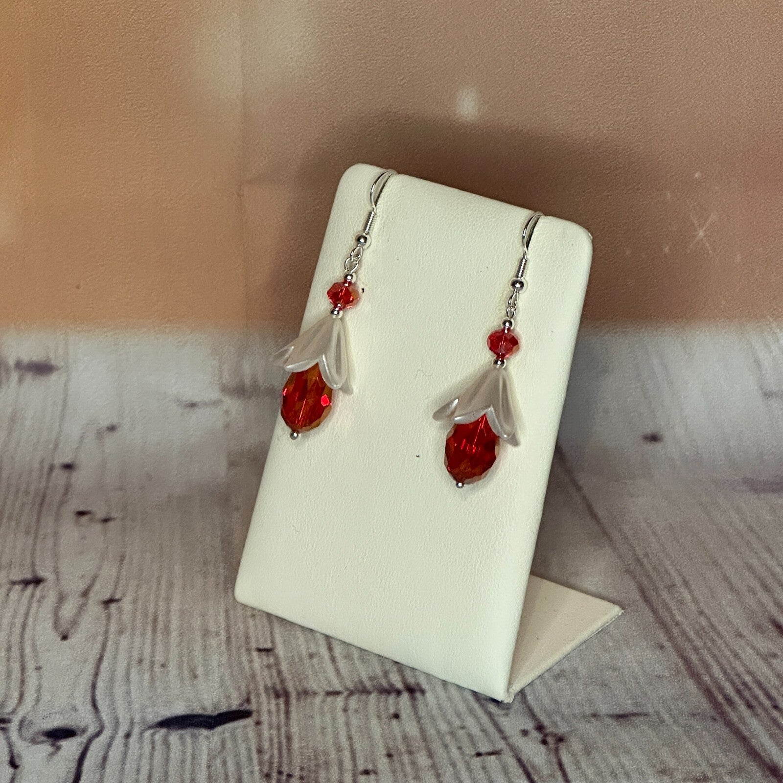 Red Drop Crystal Lily Flower With Dangle Drop Earrings Handmade UK Jewellery1