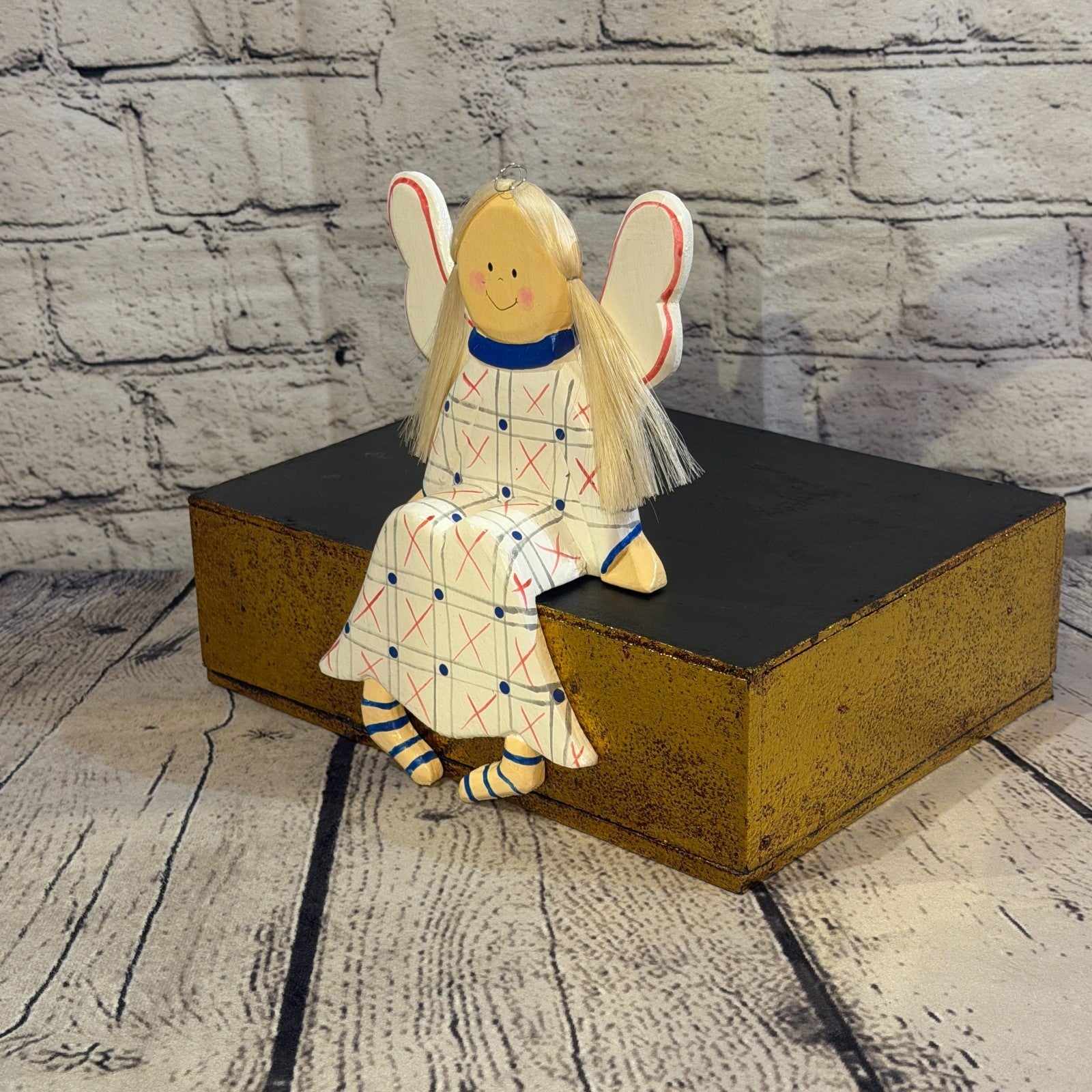 20cm White Shelf Sitter Angel Figurine Folk Art Wood Fabric Baltic Handmade0