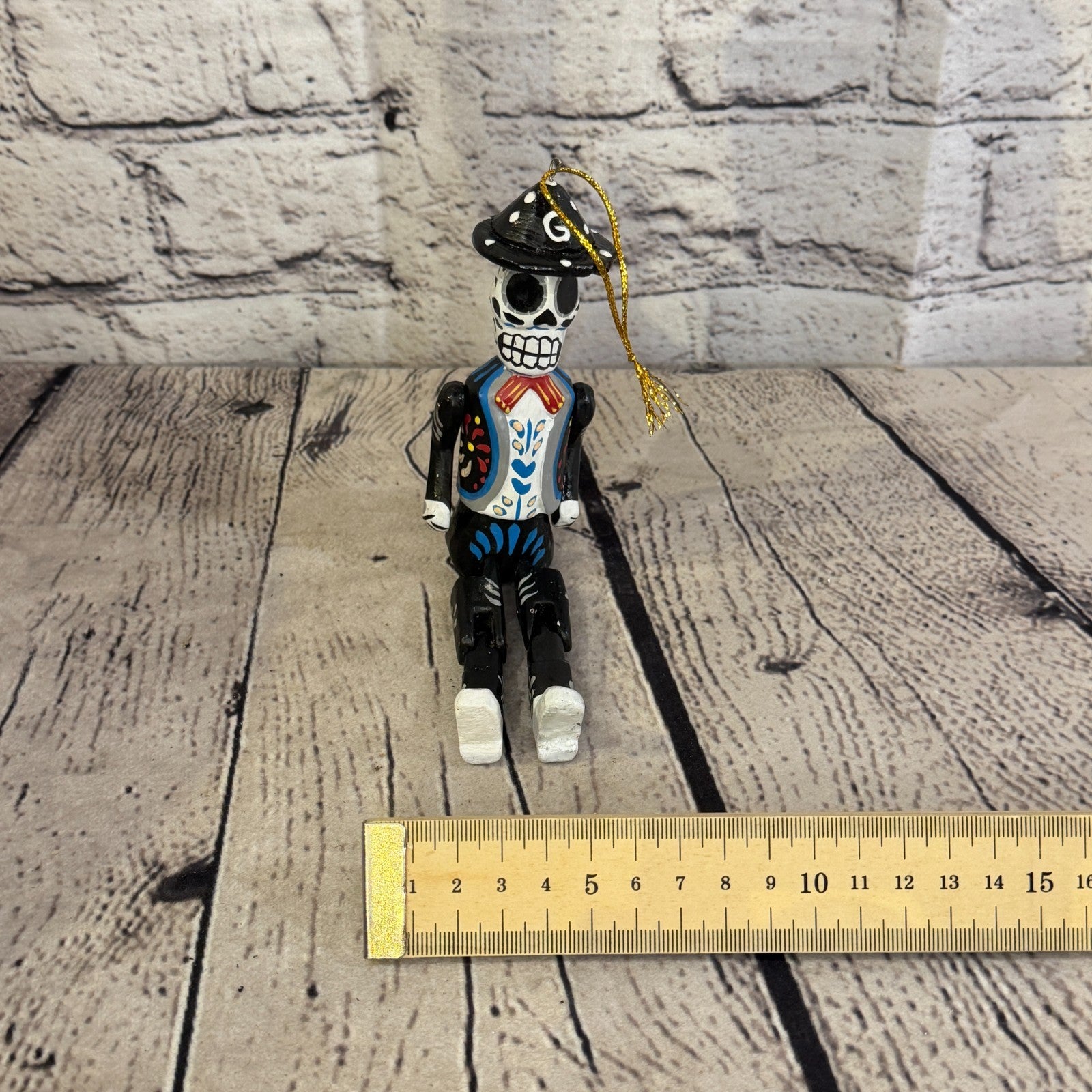 10cm Black Day Of The Dead Man Sitting Animal, Wooden Shelf Ornament Fairtrade5