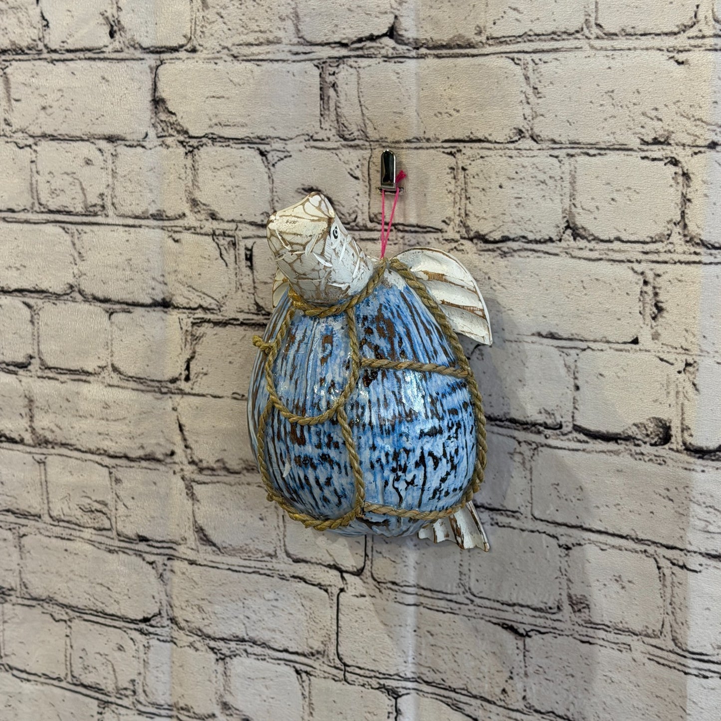 Blue Body White Folk Art Painted Turtle Coconut Shell Ornaments Hanging Decor10