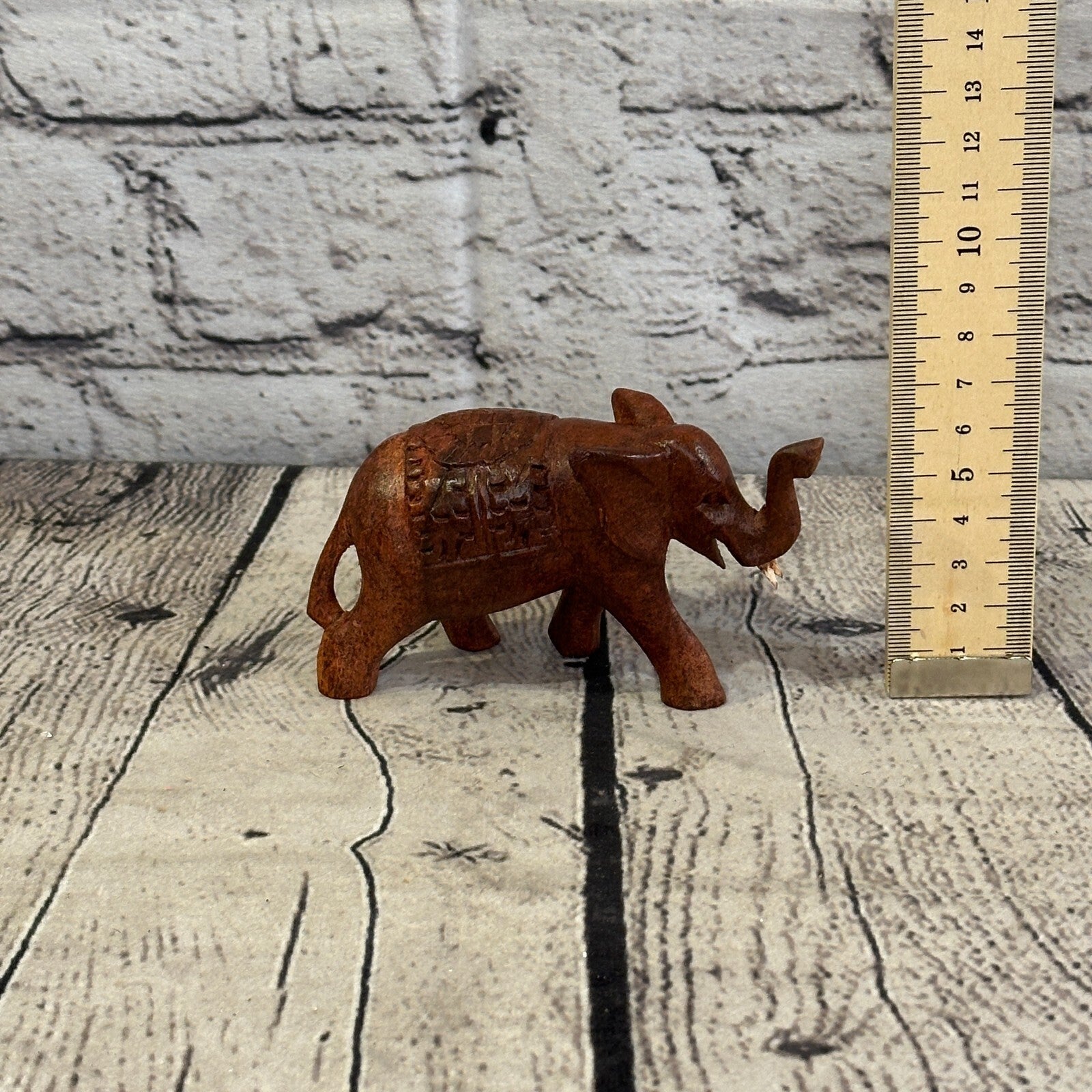 10cm x 6cm Carved Wooden Baby Elephant Wood Brown Sculpture Retro Handmade6