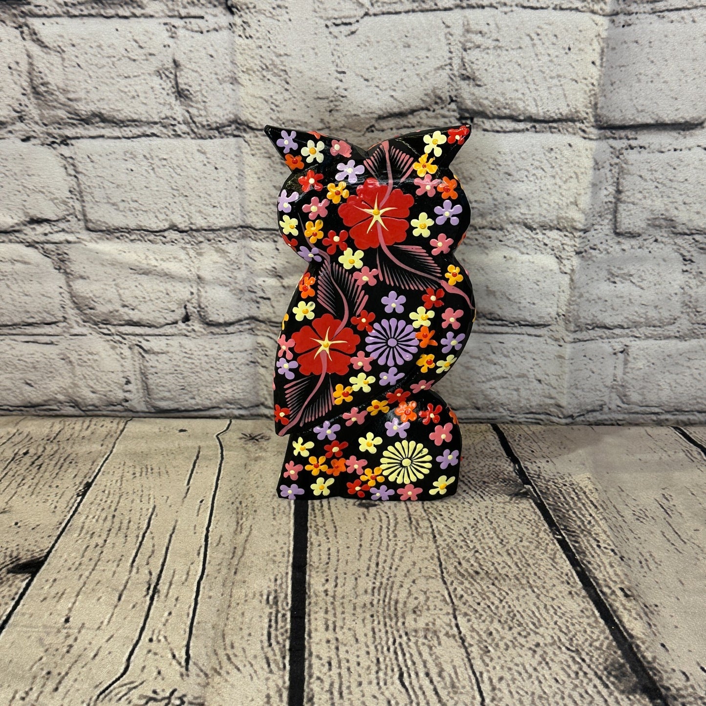 Black Large Wooden Owl With Flower Pattern 20cm x 8cm Handmade and Fairtrade4
