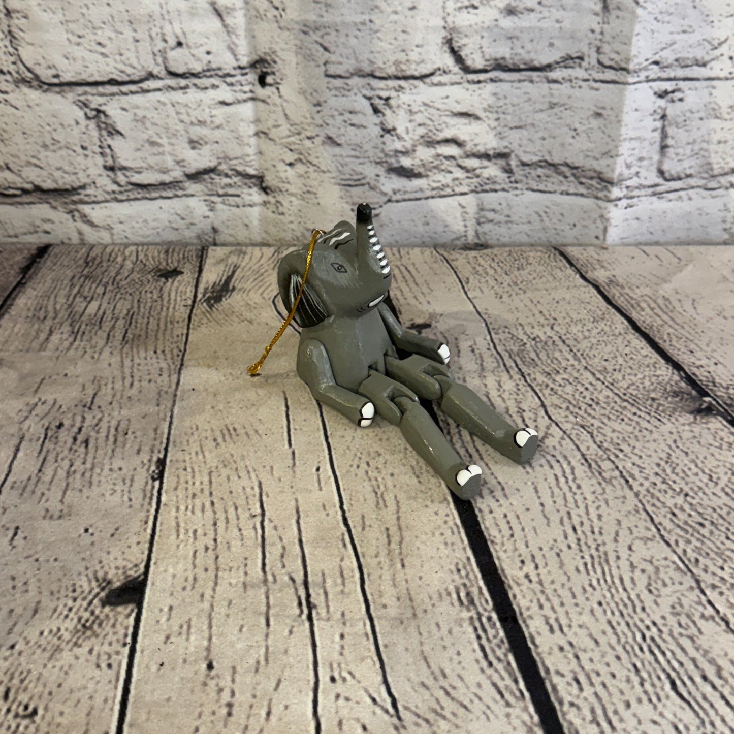 10cm Grey Elephant Sitting Animal, Wooden Shelf Ornament Handmade Fairtrade2