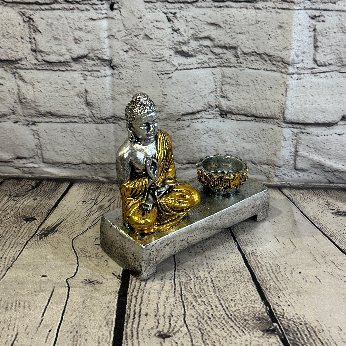 Silver And Gold 15cm x 15cm Thai Buddha Tea Light Holder Statue Resin Hindu2