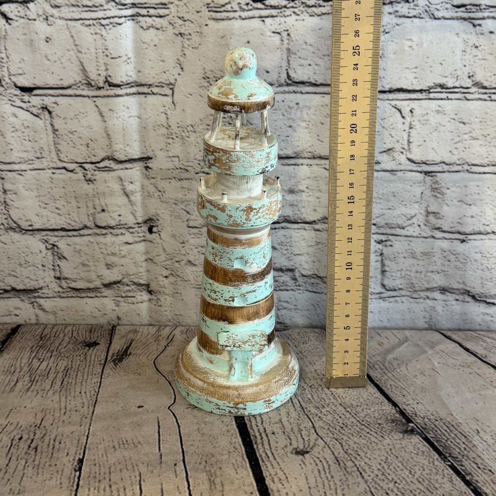 25cm Green White Wooden Lighthouse Detailed Ornament Nautical Coastal Sculpture3