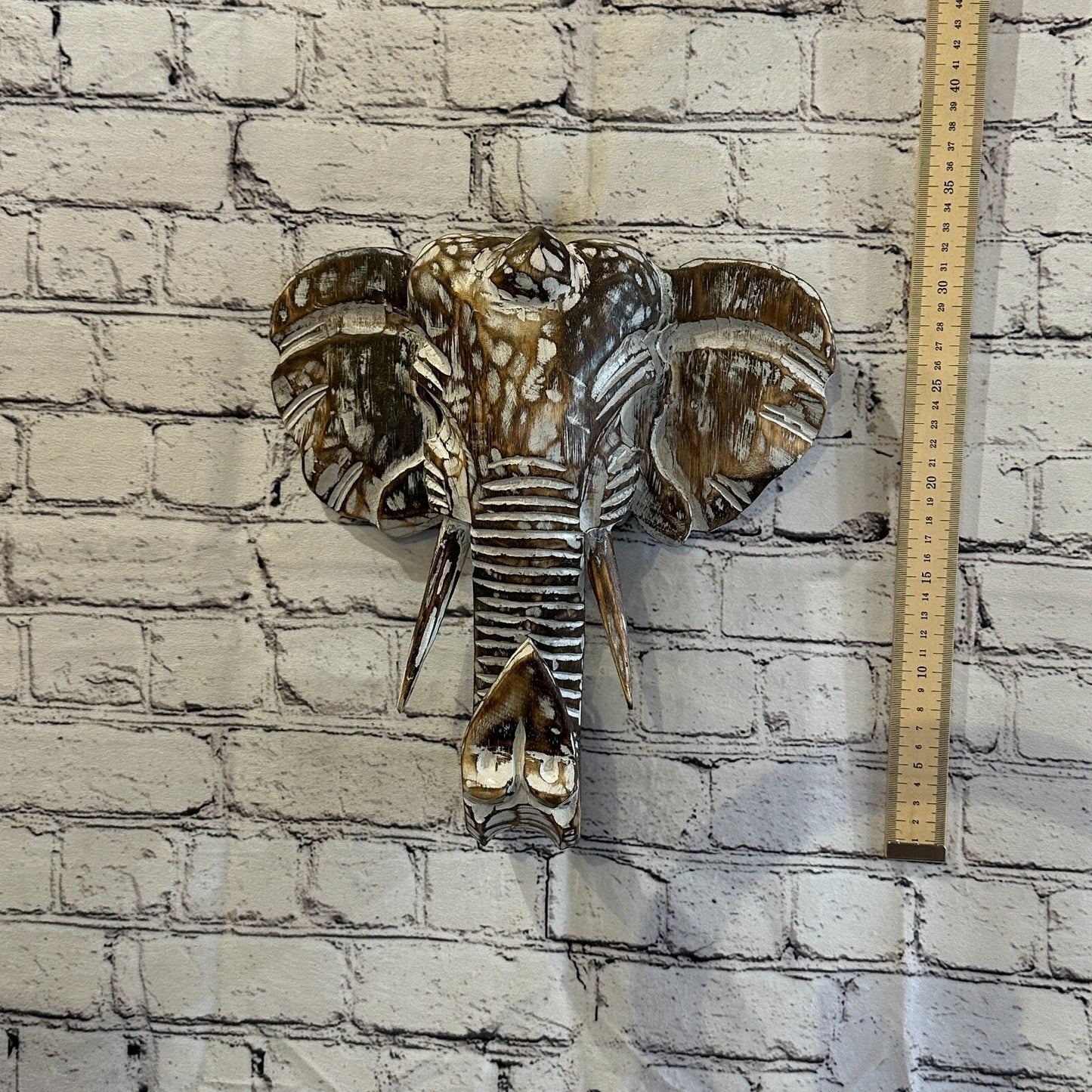 30cm x 30cm Brown Carved Wood Elephant Head Wall Mounted Art Large Shabby3