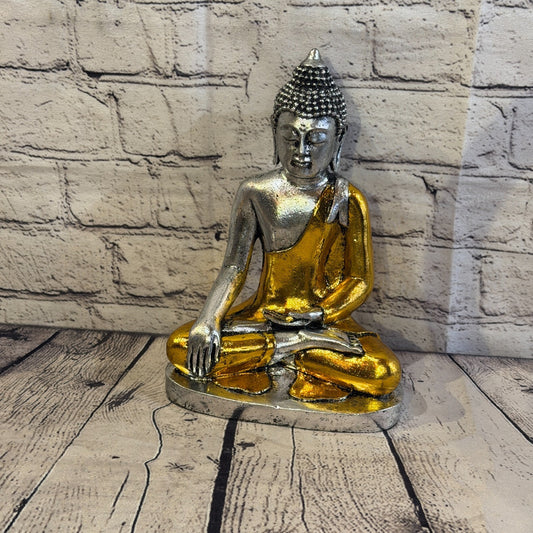 Gold & Silver 25cm x 15cm Large Thai Buddha Sitting Statue Resin Hindu0