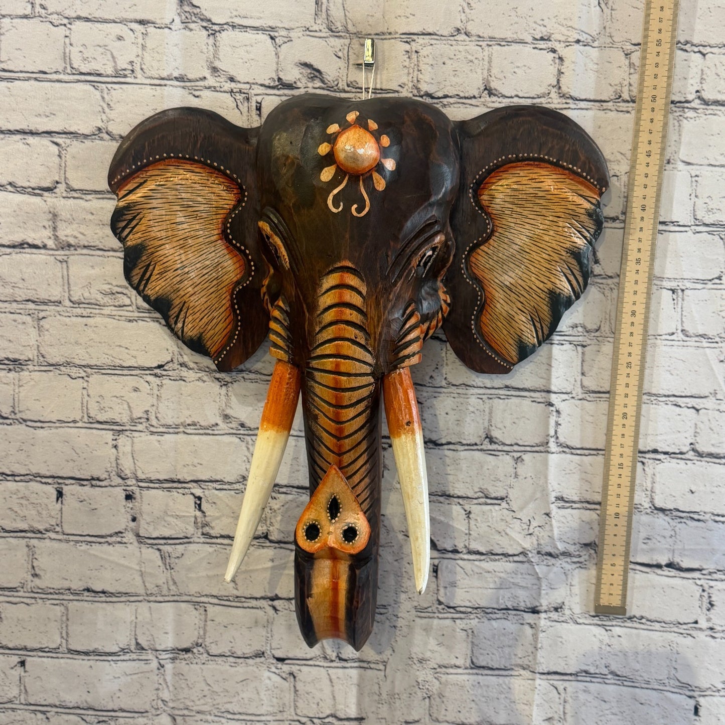50cm x 45cm Brown Light Painted Wood Elephant Head Wall Mounted Art Shabby4