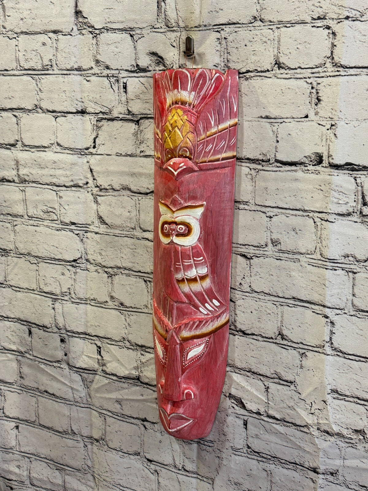 50cm Pink Owl Hand Carved Fair Trade Wooden Animal Wall Art Wall Hang Mask1