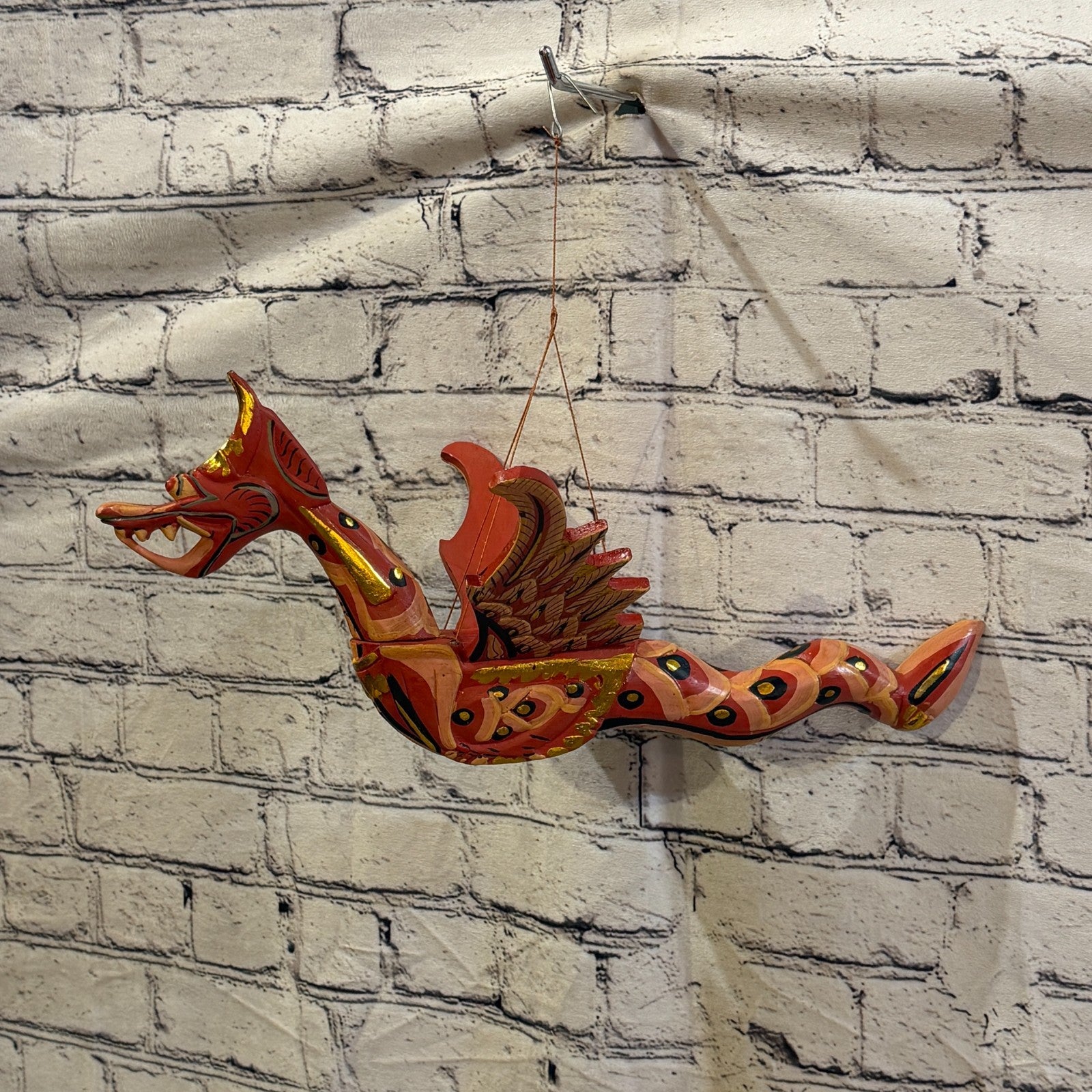 40cm Red Dragon Folk Art Carved Wood Flying Winged Mobile Spirit Guardian0