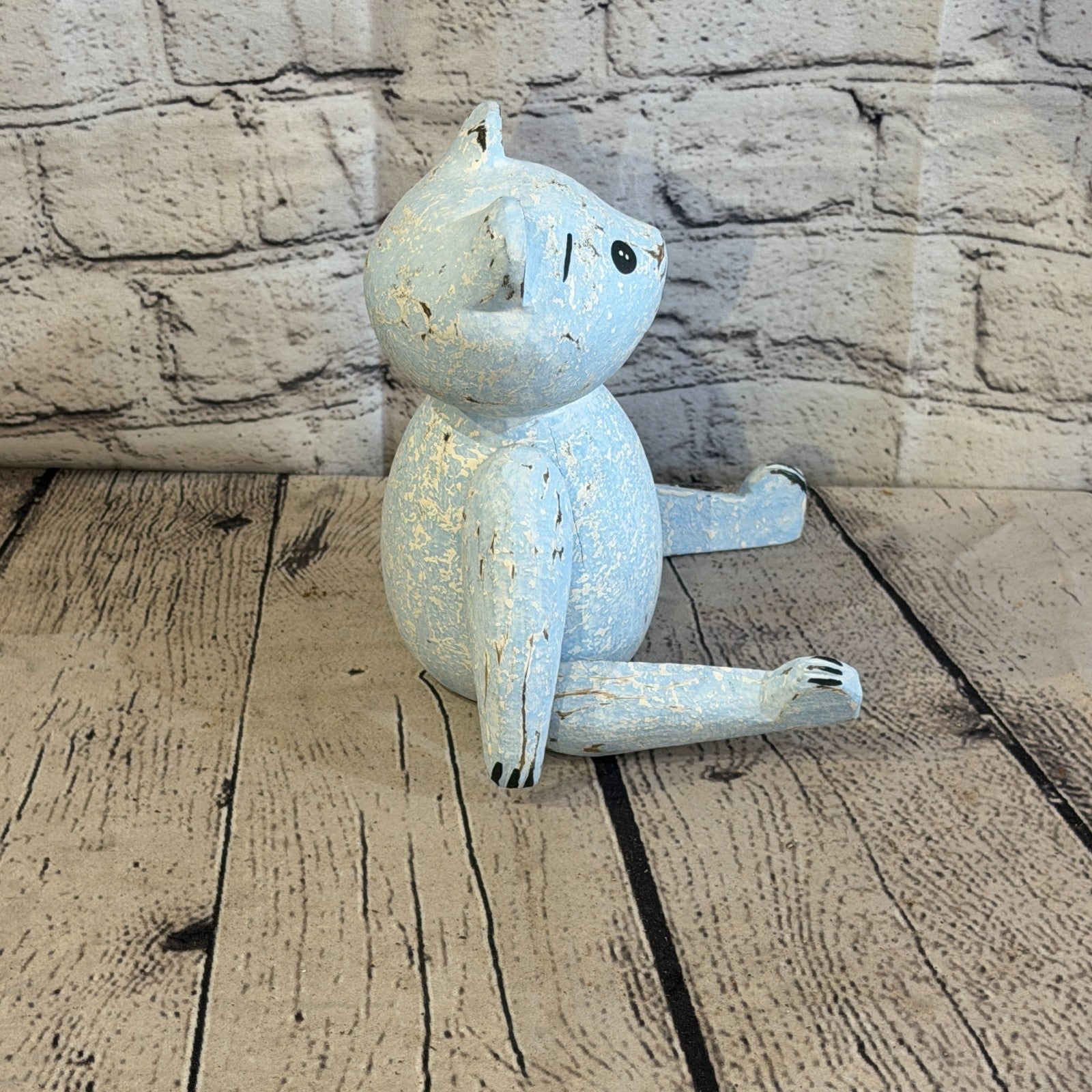 18cm Blue Teddy Bear Sitting Animal, Wooden Shelf Ornament Handmade & Fairtrade3