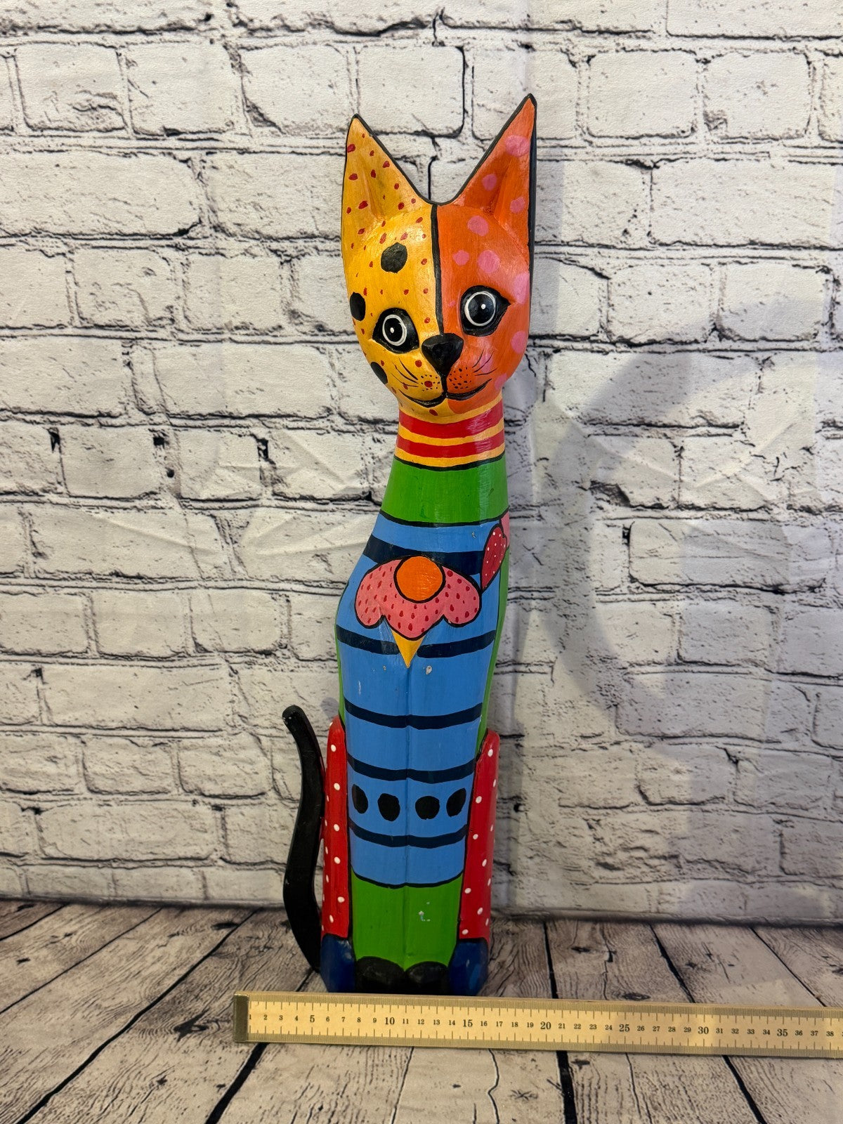 60cm Bright Mix Flower Wooden Shabby Cat Statue Ornament Fair Trade Handcarved6
