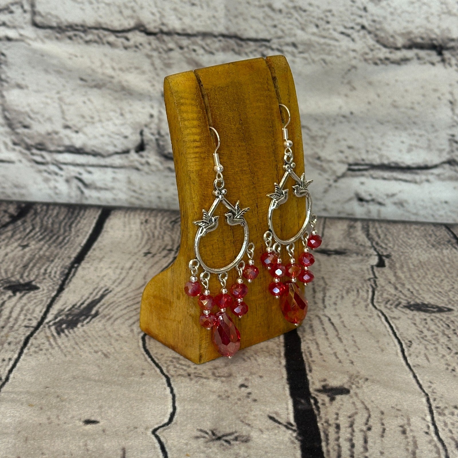 Red Drop Crystal Bird Dangle Drop Earrings Handmade UK Jewellery2
