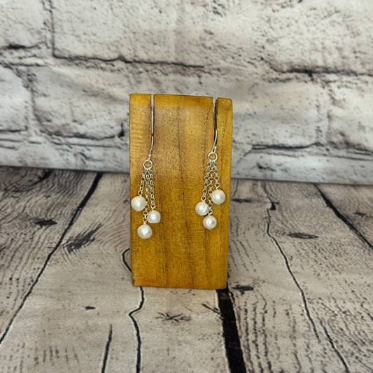 Freshwater Pearl Bead & Chain Stone 925 Silver Dangle Drop Earrings Jewellery0