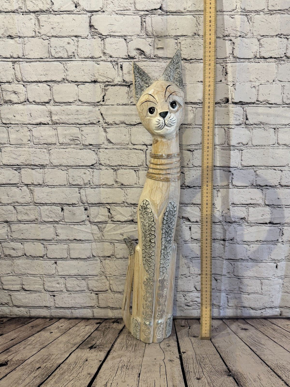 80cm White Silver Dots Wooden Shabby Cat Statue Ornament Fair Trade Handcarved5