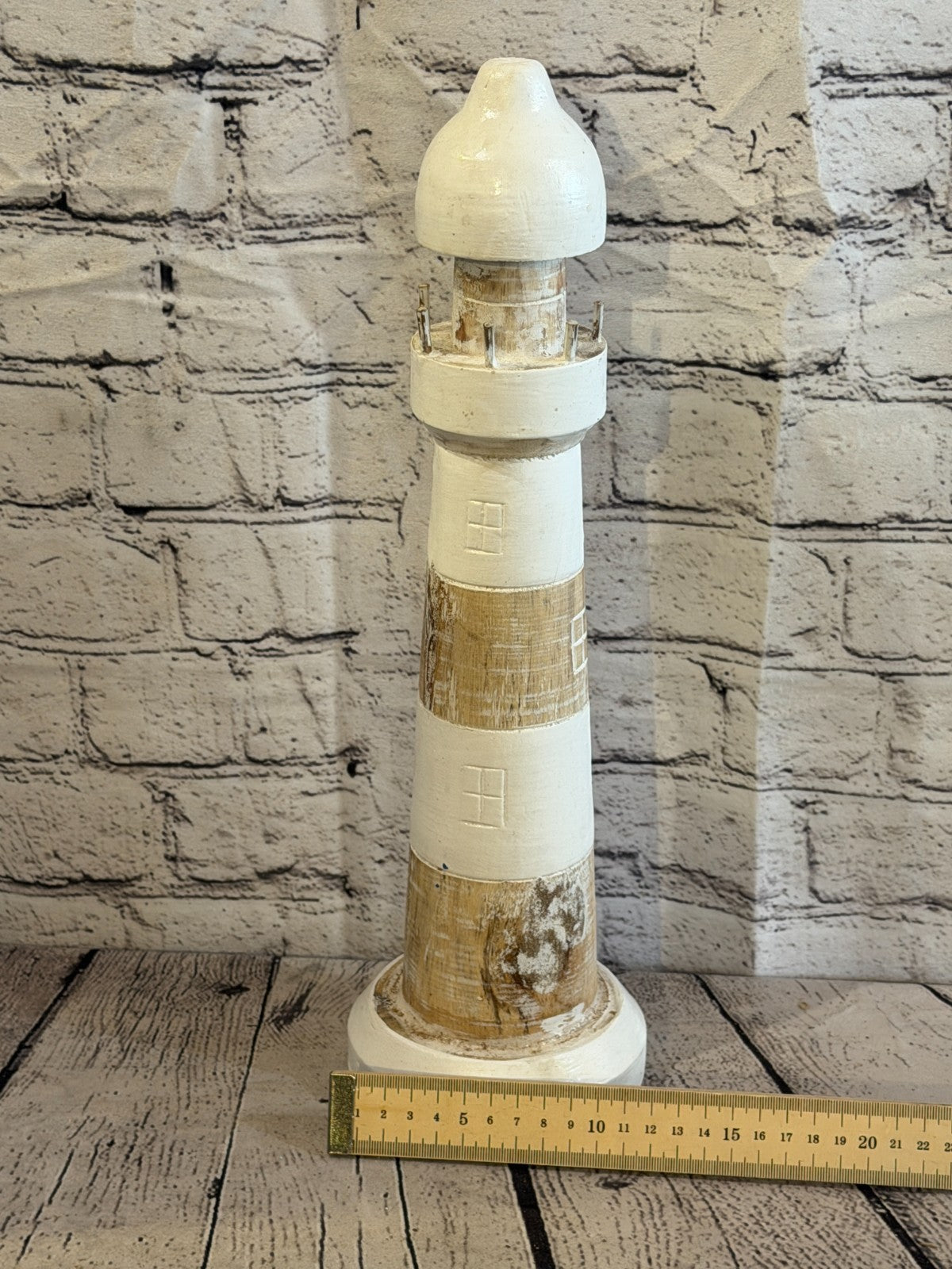 40cm Cream White Wooden Lighthouse Ornament Nautical Coastal Sculpture Statue5