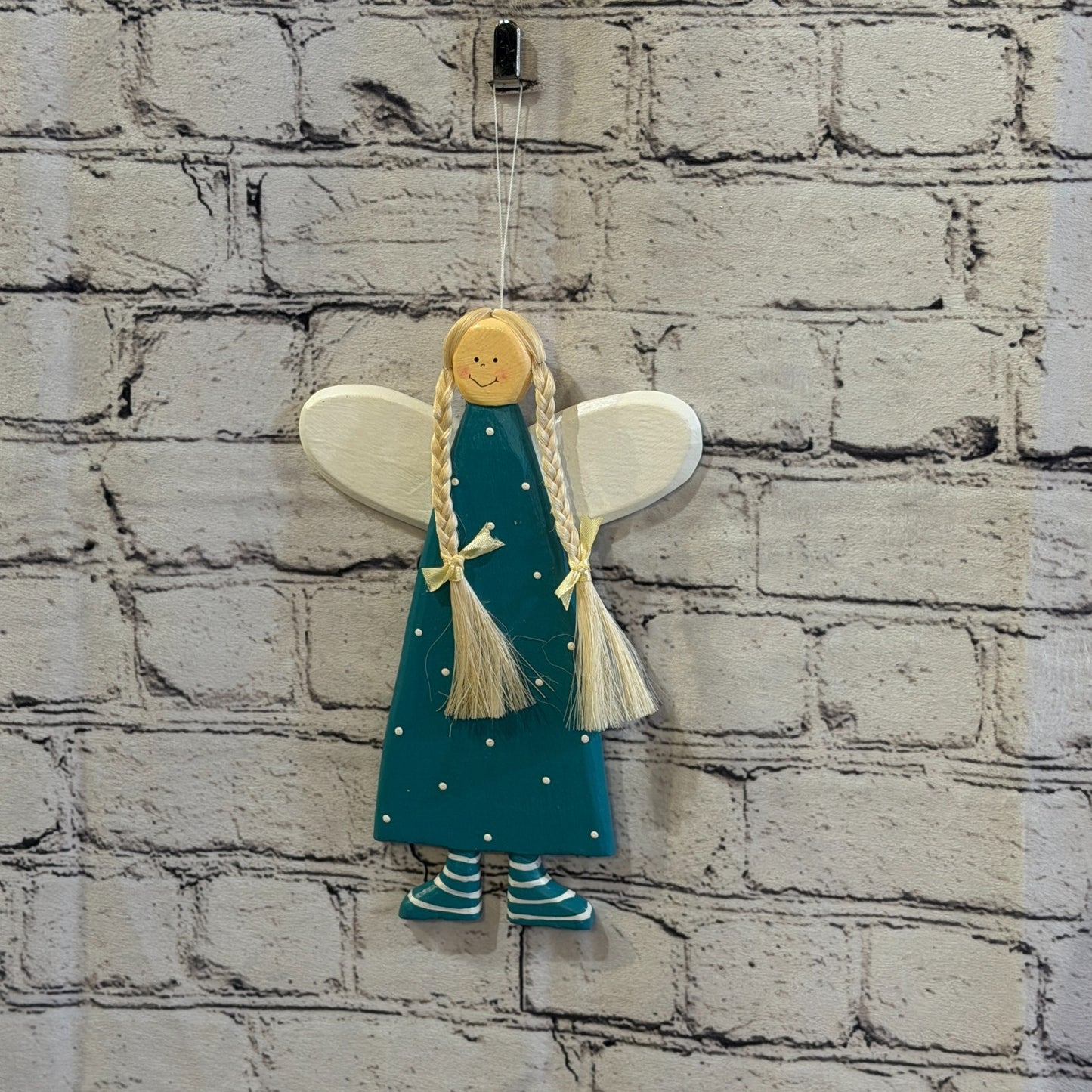 25cm Teal Wall Hanging Angel Figurine Folk Art Wood Fabric Baltic Handmade4