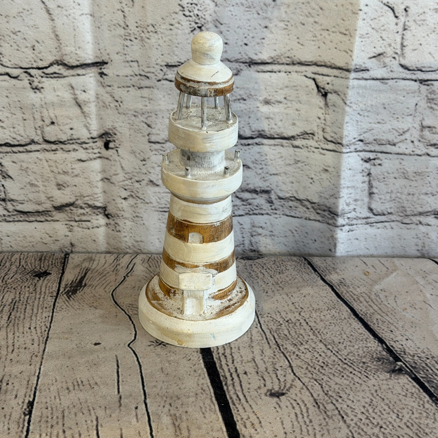 20cm Cream White Wooden Lighthouse Detailed Ornament Nautical Coastal Sculpture1