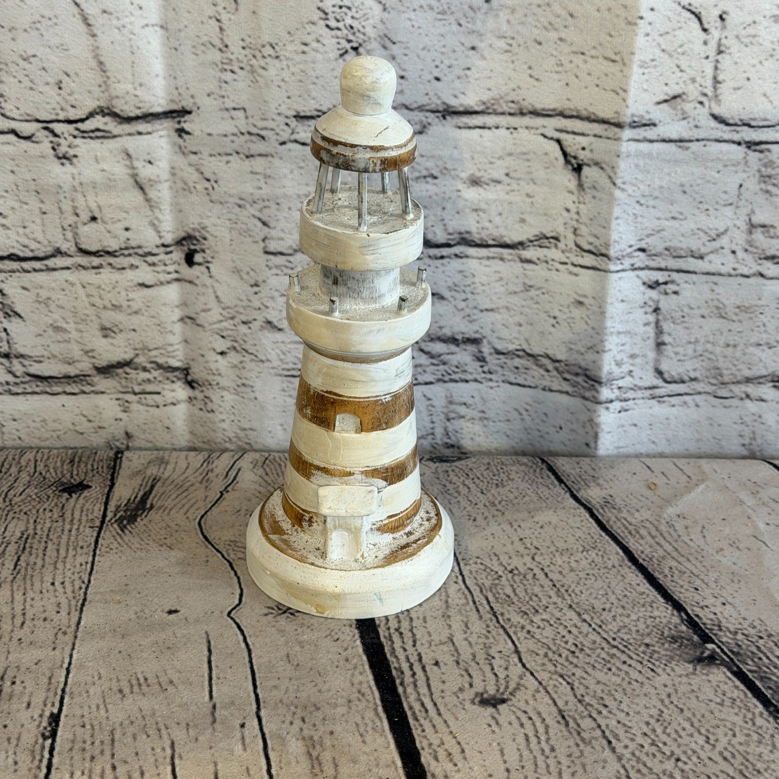 20cm Cream White Wooden Lighthouse Detailed Ornament Nautical Coastal Sculpture1