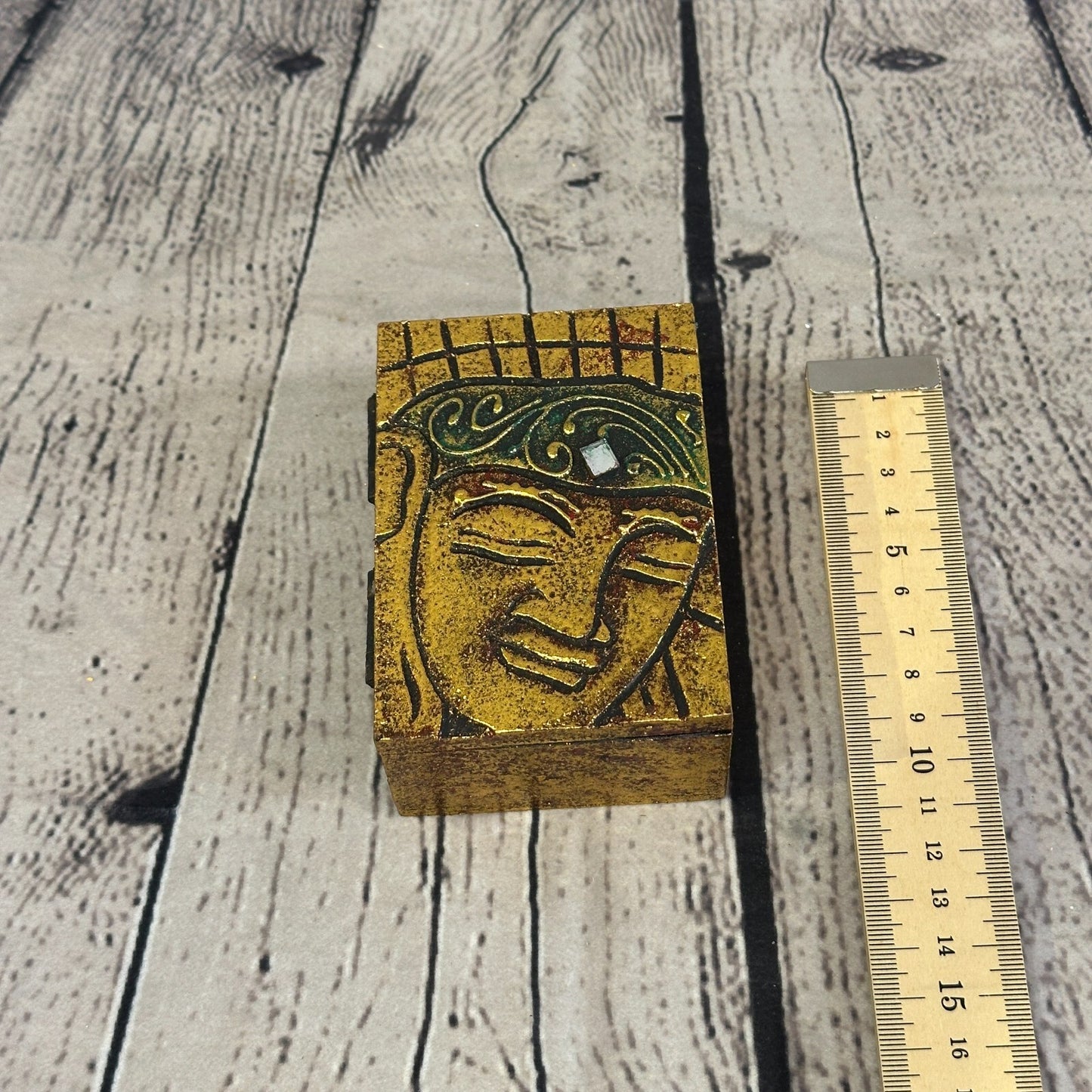 Bright Gold Thai Buddha Head Left 10cm x 7cm x 4cm Wooden Box Trinket Handmade4