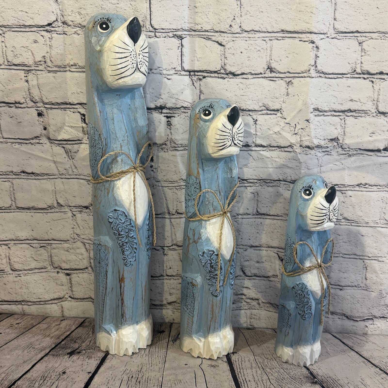 40cm Light Blue Wooden Shabby Dog Statue Ornament Fair Trade Handcarved8