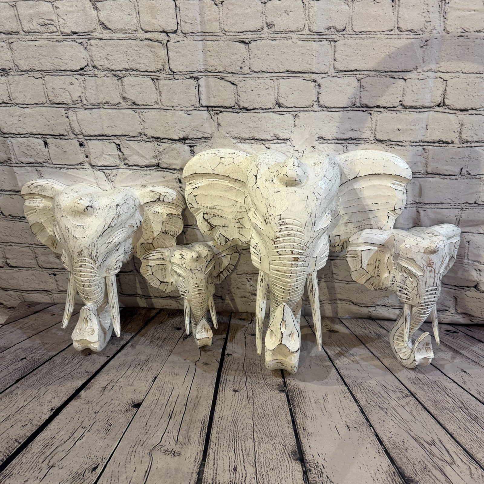 20cm x 20cm Plain White Painted Wood Elephant Head Wall Mounted Art Shabby6