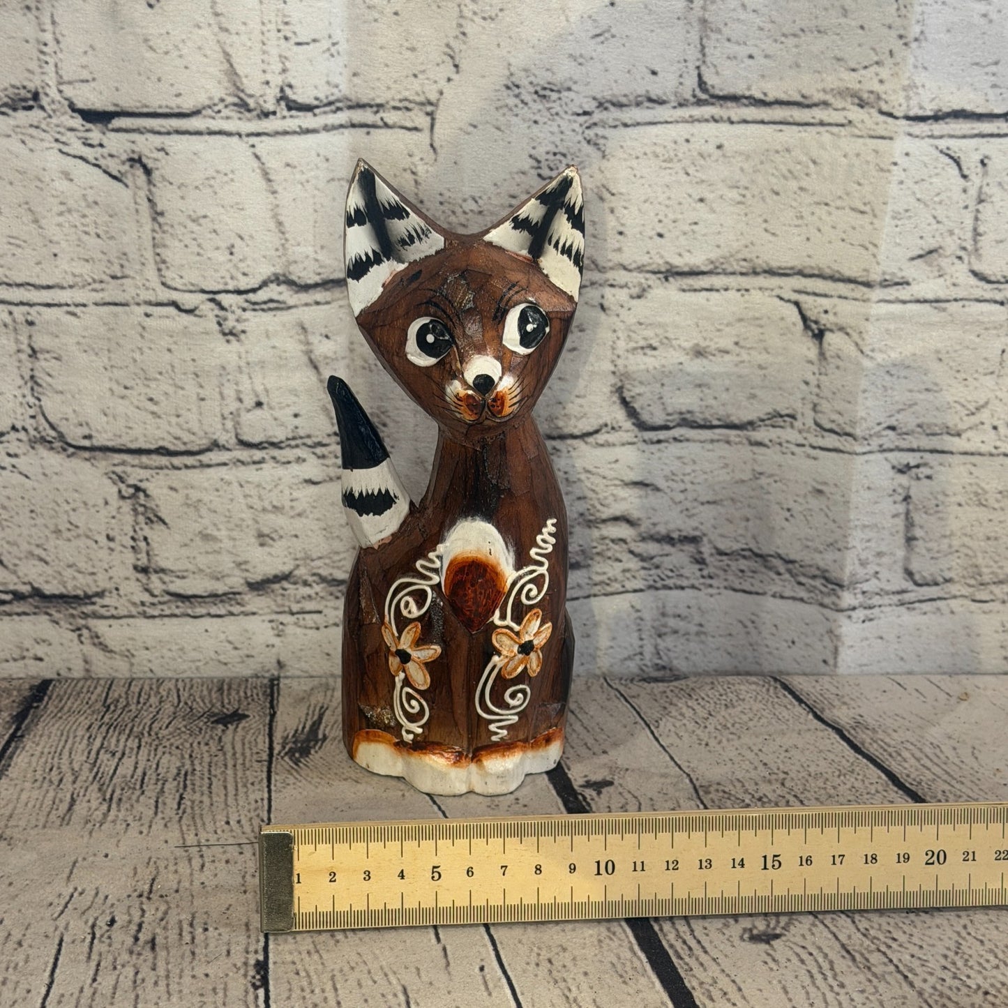 20cm Brown Flower Wooden Shabby Cat Statue Ornament Fair Trade Handcarved6
