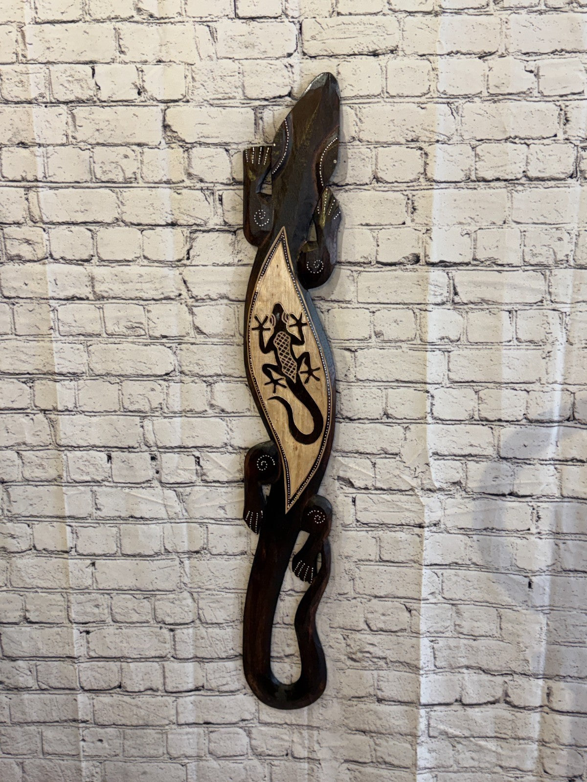 100cm Gecko Gecko Carved Wooden Brown Work Painted Ethnic Tribal Tiki Art2
