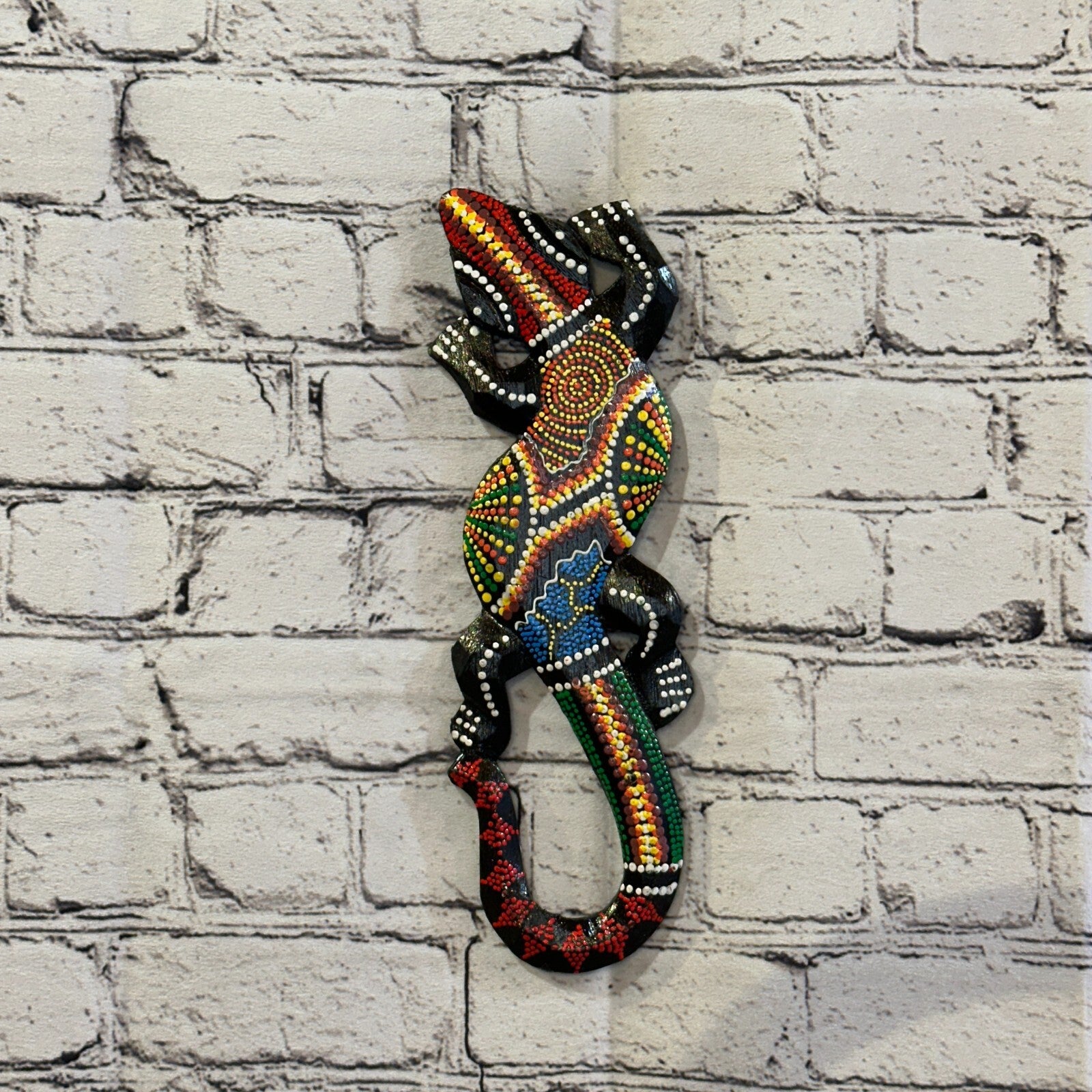 30cm Gecko Carved Wooden Dot Painted Ethnic Tribal Tiki Wall Handmade No 60