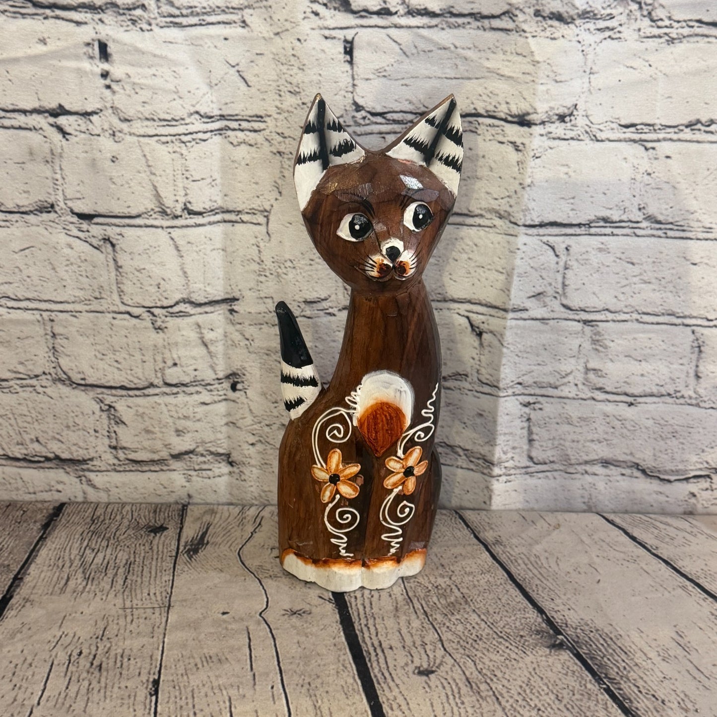 30cm Brown Flower Wooden Shabby Cat Statue Ornament Fair Trade Handcarved0