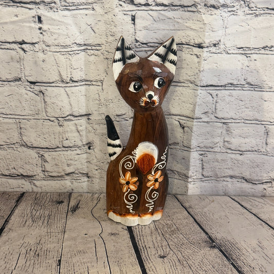 30cm Brown Flower Wooden Shabby Cat Statue Ornament Fair Trade Handcarved0