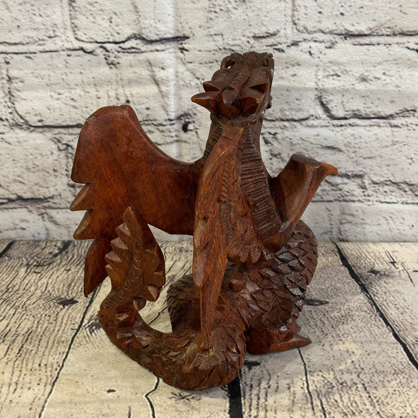 15cm x 15cm Dark Wooden Standing Dragon Carving Hand Carved Wing Back Dragon5
