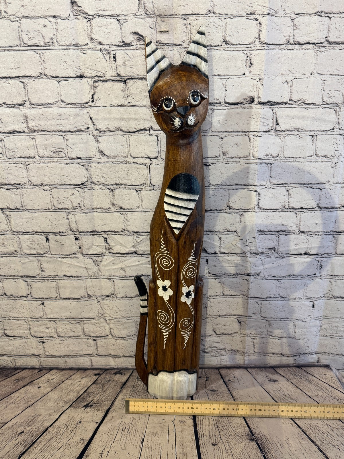 80cm Brown Flower Wooden Shabby Cat Statue Ornament Fair Trade Handcarved6