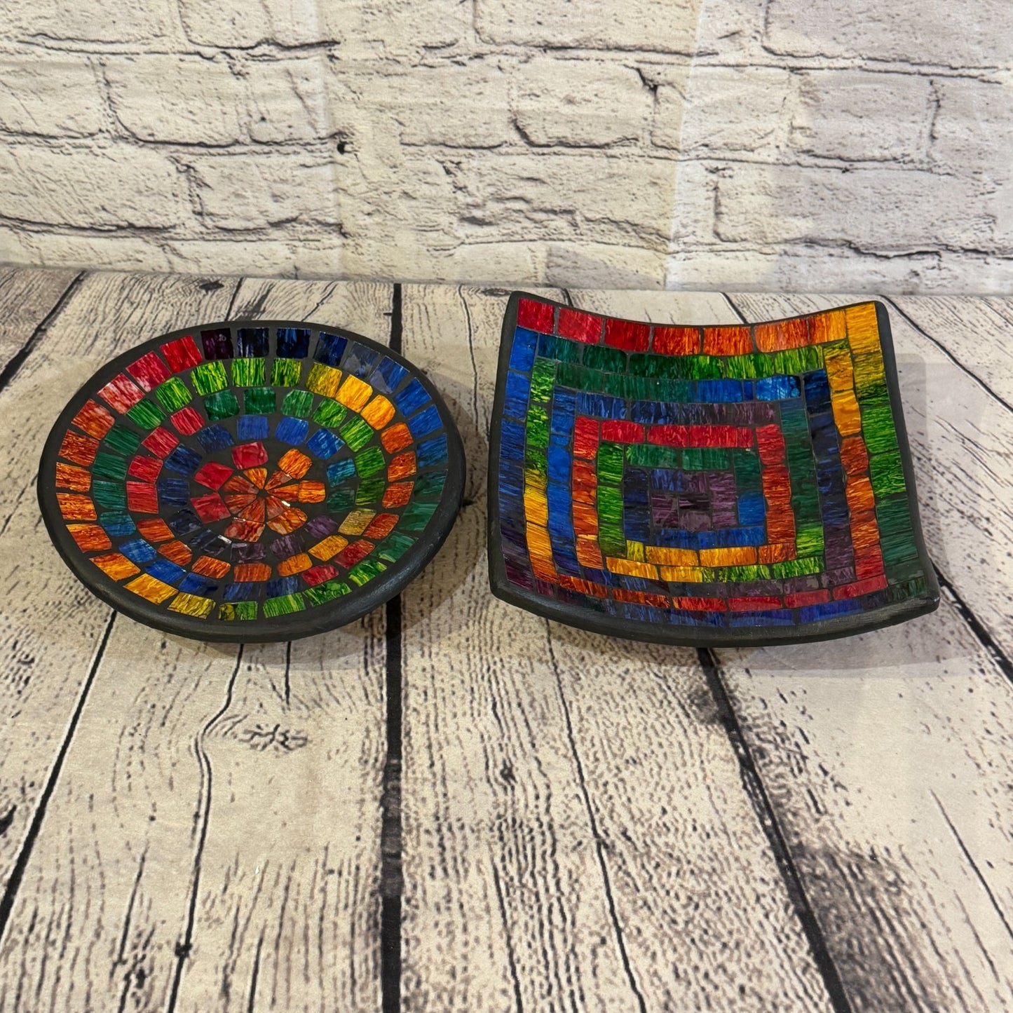 25cm Rainbow Swirl Square Mosaic Handmade Ceramic Glass Tile Bowl Fruit5