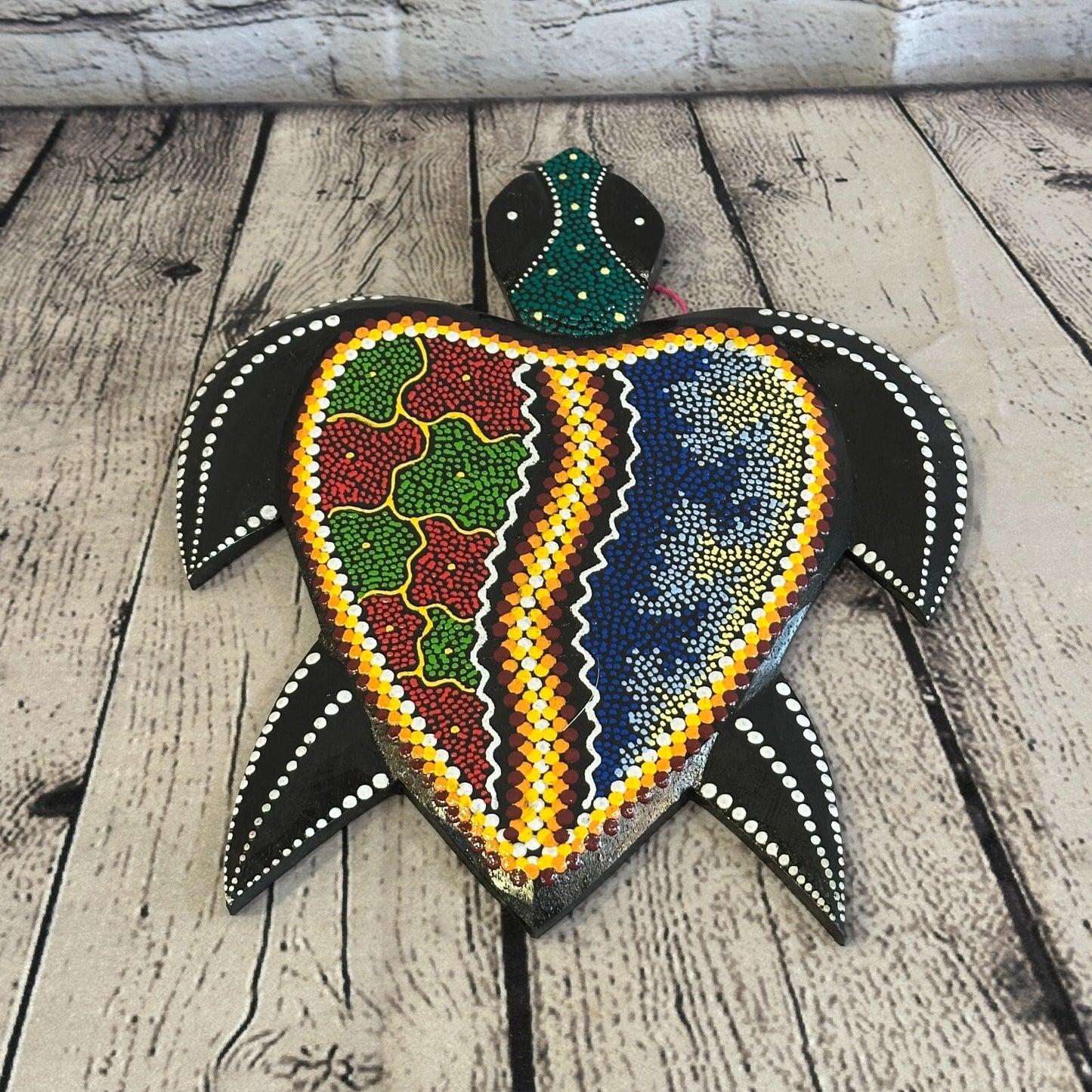 30cm Turtle Carved Wooden Dot Painted Ethnic Tribal Tiki Wall Art Handmade No 35
