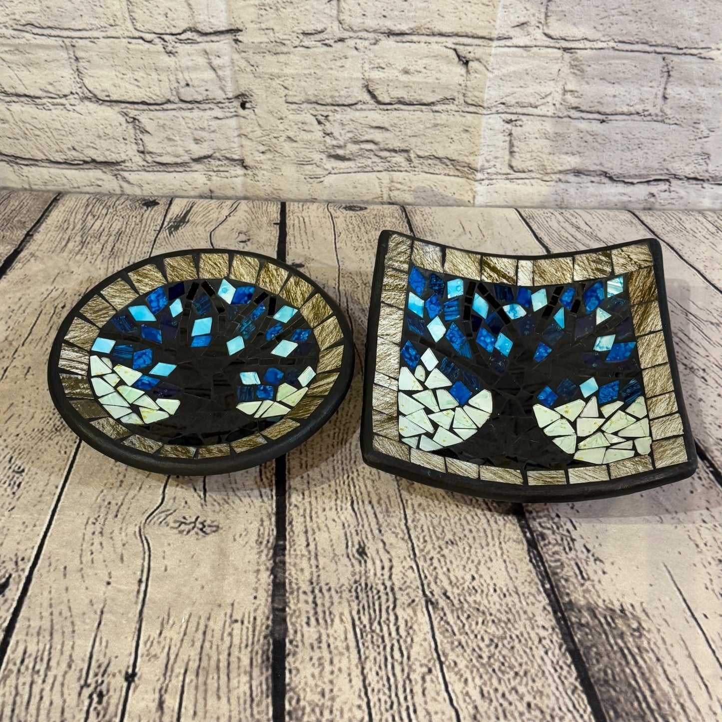 28cm Tree Of Life Blue Grey Square Mosaic Handmade Ceramic Glass Tile Bowl Fruit5