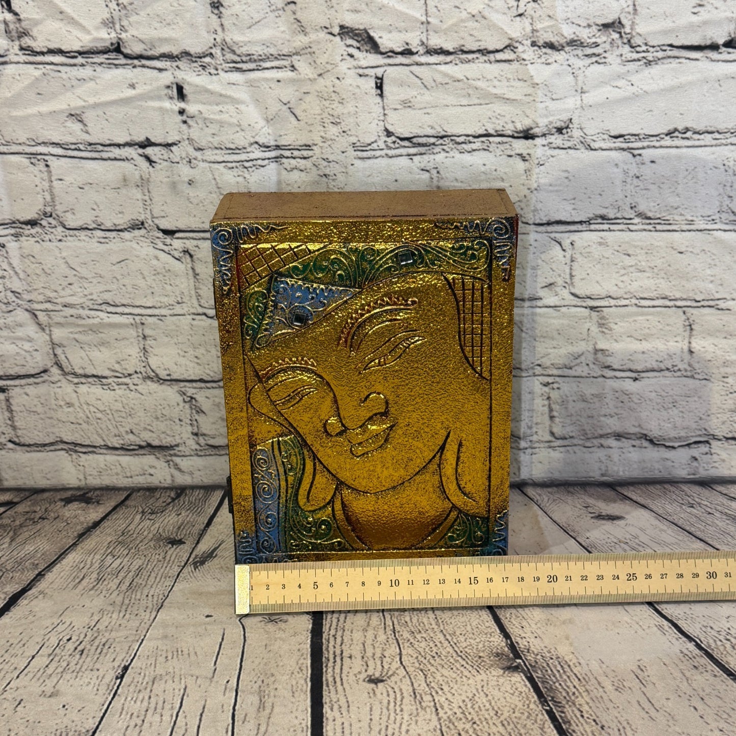 Bright Gold Thai Buddha Head Edge 25cm x 18cm x 7cm Wooden Box Trinket Handmade5